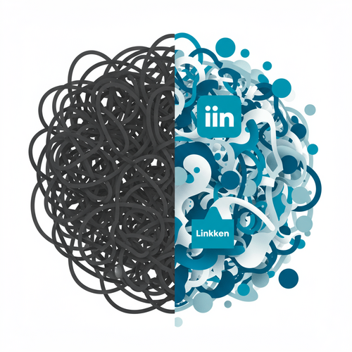 A Modern & Clean abstract illustration depicting the contrast between chaotic manual work and streamlined automation for LinkedIn. One side shows tangled dark gray lines and jumbled abstract shapes representing disorganization. The other side shows clean, organized dodger blue and white lines flowing smoothly towards a LinkedIn icon. The overall aesthetic uses #1F1F1F (dark gray), #FFFFFF (white), and #1E90FF (dodger blue). --ar 16:9