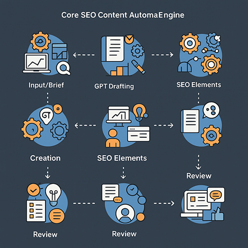 A modern and clean infographic flowchart illustrating the core SEO content automation engine. It should show 4-5 key stages: 'Input/Brief', 'GPT Drafting', 'SEO Elements', 'Output/Review', represented by sleek icons or abstract shapes connected by clear directional lines. The color palette is strictly #1F1F1F (dark gray) for backgrounds or main elements, #FFFFFF (white) for text or highlights, and #1E90FF (dodger blue) for accents and connection lines. --ar 16:9