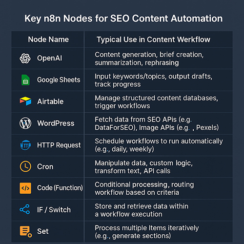 A modern and clean graphic composition showcasing stylized, minimalist icons representing key n8n nodes for SEO automation: OpenAI, Google Sheets, WordPress, HTTP Request. These icons should appear interconnected in a dynamic, organized layout, implying a powerful automation toolkit. The color palette must be #1F1F1F (dark gray), #FFFFFF (white), and #1E90FF (dodger blue), used to create a high-contrast, professional look. --ar 16:9
