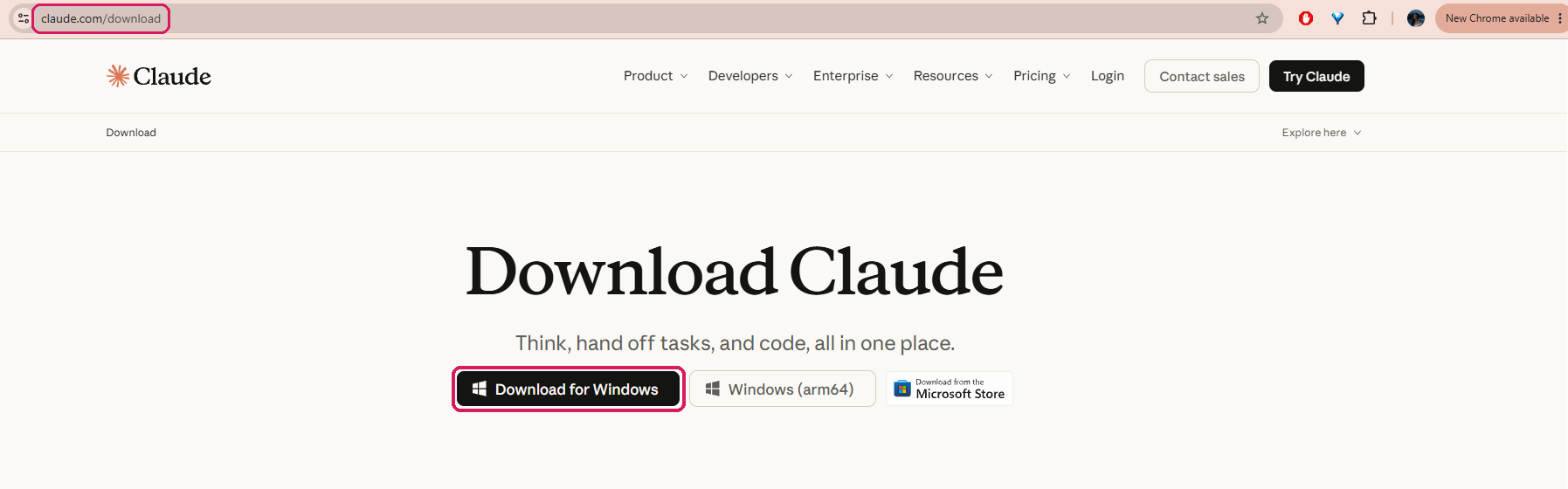 Страница скачивания Claude, кнопка Download for Windows обведена