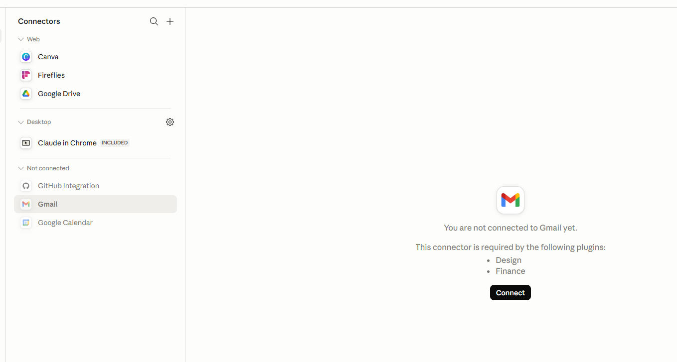 Страница коннектора Gmail с кнопкой Connect